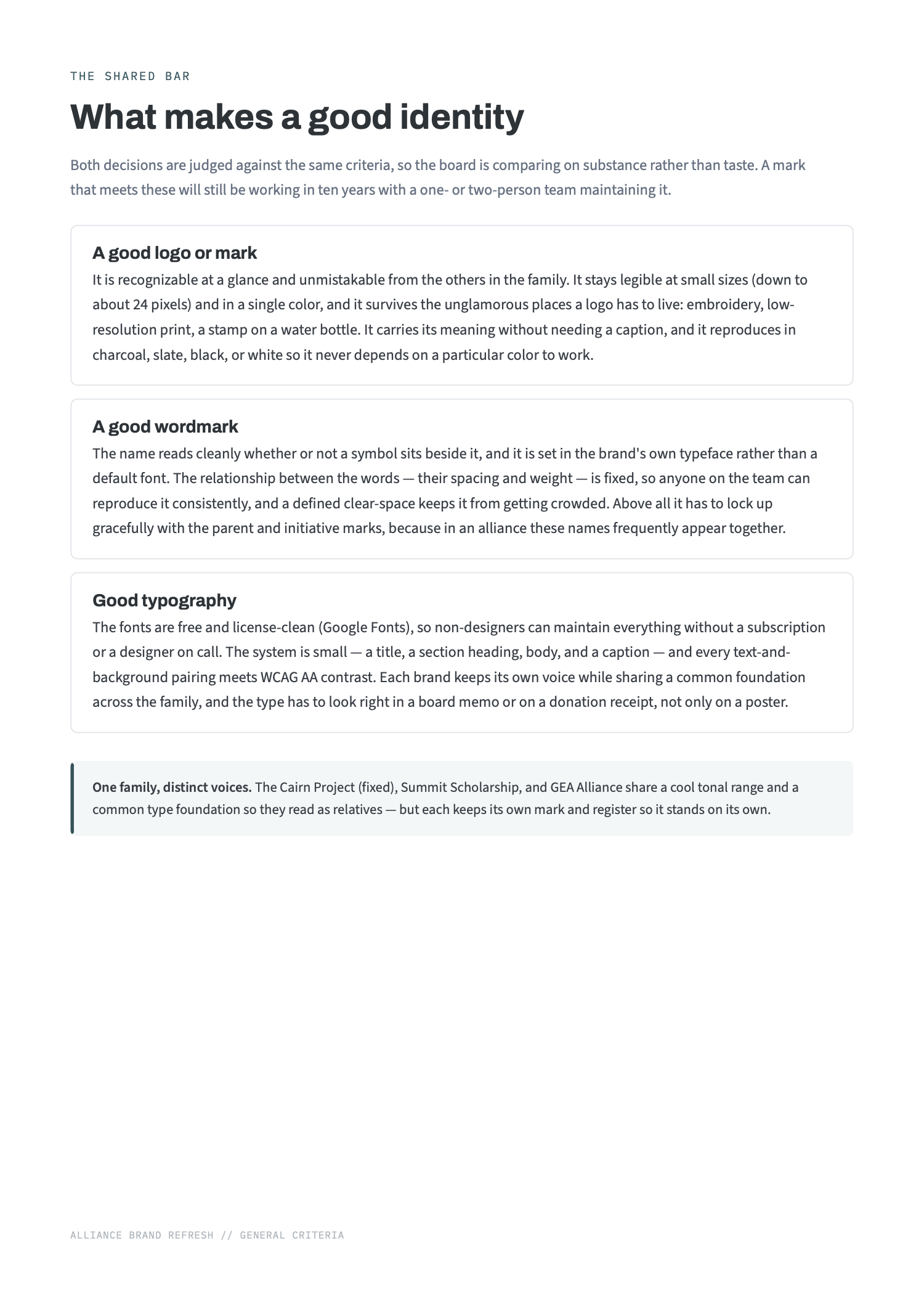 Brand package page 2: the shared bar — what makes a good identity
